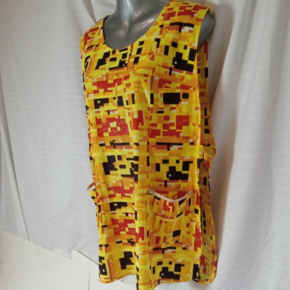 Vintage 1960s Smock Apron Mid Century Geometric Yellow Orange Handmade XL - Picture 6 of 14